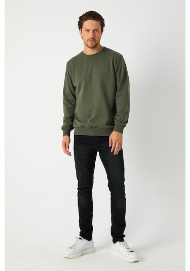 Erkek Basic Bisiklet Yaka Haki Sweatshirt