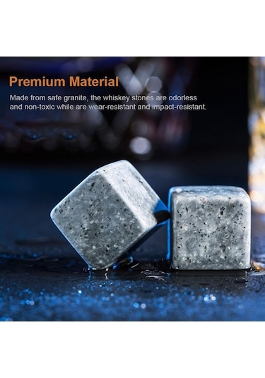 Ulzyvf 9'lu Viski Taşları Seti - Ahşap Kutulu, Kokusuz Granit Soğutma Taşları Gri Gri