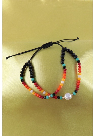 2li İncili Asansörlü Kombin Bileklik. Boncuk Bileklik, İp Bileklik, Halhal Bileklik. Kadın Bileklik. Çok Renkli