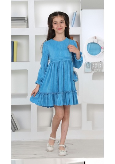 Kız Çocuk Örme Saten Çanta Detaylı Pliseli Astarlı Elbise Açık Mavi