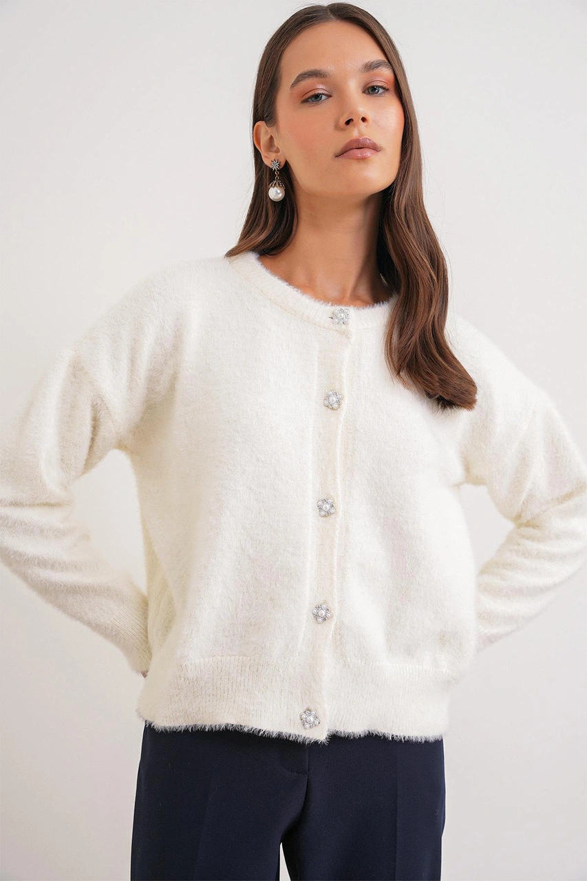 6902 Kadın Sakallı Basic Yumuşak Dokulu Triko Hırka Ekru Ekru