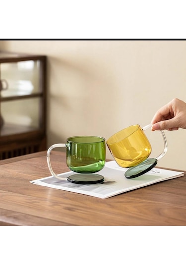 Qerhome Borosilikat Cam Renkli Cam Kahve Cappuccino Kupası 350 Ml Şeffaf