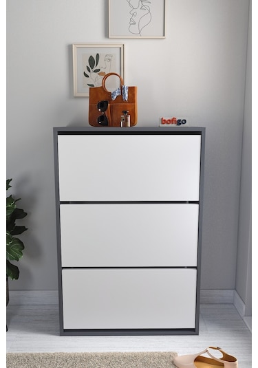 Bofigo Düşer Kapak Ayakkabılık Kayar Raflı Ayakkabılık 3 Bölmeli Ayakkabılık Melek Antrasit-Beyaz Bofigo Düşer Kapak Ayakkabılık Kayar Raflı Ayakkabılık 3 Bölmeli Ayakkabılık Melek Antrasit-Beyaz