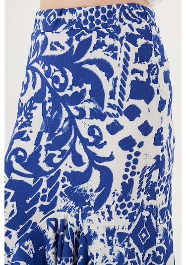 Lela Regular Fit Desenli Yüksek Bel Volanlı Midi Boy Yırtmaçlı Bayan Etek 5869013 Saks