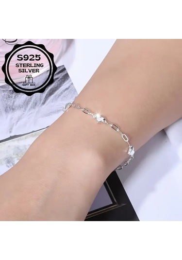 Heart Chain 925 Ayar Sade Şık Zincir Kalpli Gümüş Bileklik Çok Renkli