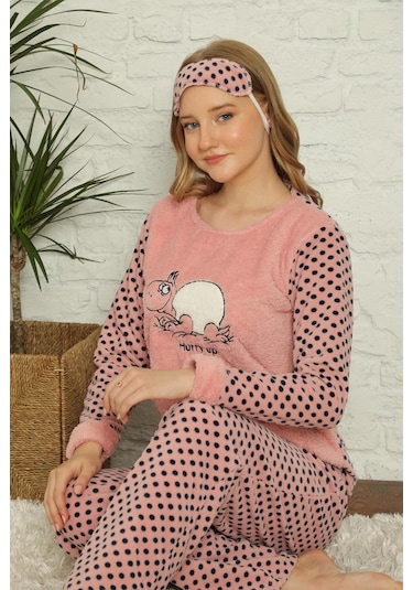 Kadın Uzun Kollu Cepli Gül Polar Pijama Takımı M01861 Füme