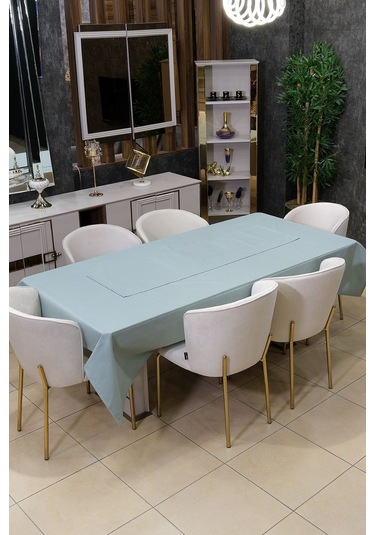 Dream 8 Parça Masa Örtüsü Seti Çeyiz Seti Salon Masa Örtüsü, Runner, 6'lı Peçete Turkuaz