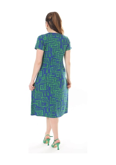 Kadın Mavi Yeşil Labirent Desen Midi Elbise-mavi Mavi