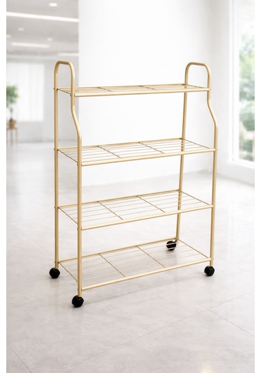 Modern Gold 4 Katlı Tekerlekli Metal Çiçeklik Standı: Çok Amaçlı Mutfak,kitaplık&dekoratif Lüks Stand