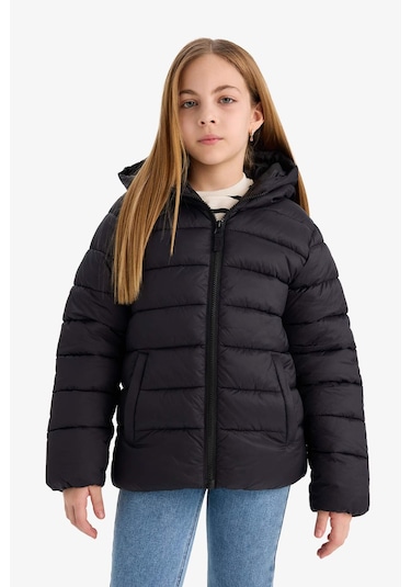 Defacto Kız Çocuk Su İtici Kapüşonlu Fermuarlı Şişme Mont E5406a825aubk27 Siyah