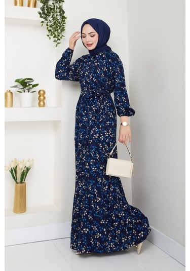 Semar Dokuma Viskon Elbise 1541 - Lacivert Lacivert