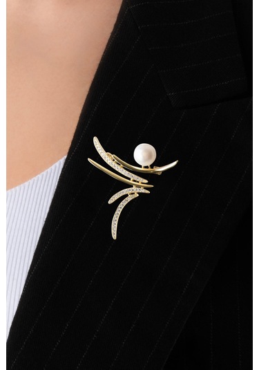 Liora İnci 18 Ayar Sarı Altın Kaplama Gümüş Broş Sarı