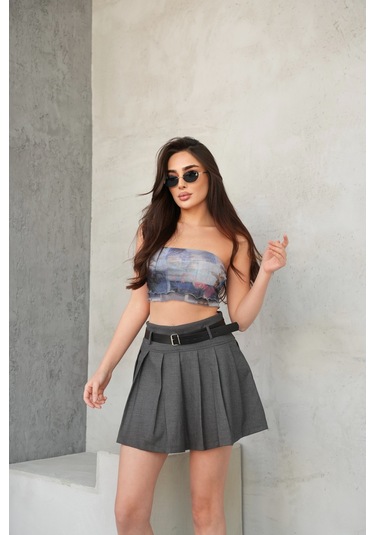 Kadın Pileli Gizli Fermuarlı Kemerli Şortlu Mini Etek Antrasit