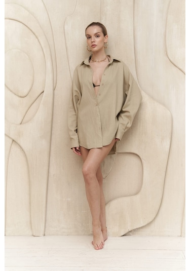 Charlotte Bej Oversize Keten Gömlek Bej