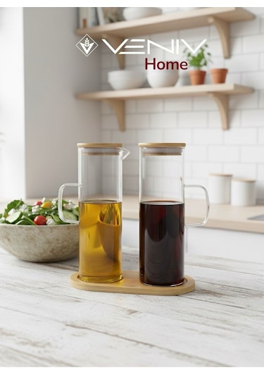 2 Adet Bambu Vakumlu Kapaklı Borosilikat Yağdanlık + Bambu Altlık Sete Dahil 500 Ml + 500 Ml Bambu