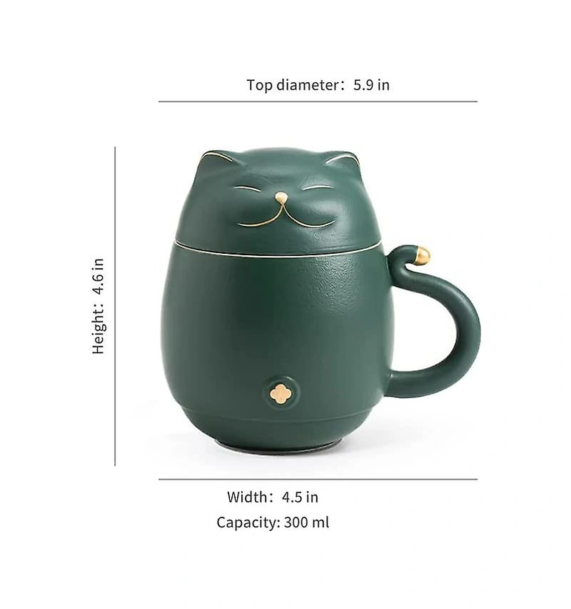 Sevimli Kedi Filtreli Çay Kupası Şanslı Kedi Kapaklı Kahve Kupası Kedi Severler İçin Seramik Kupa 300 Ml Nane Yeşili Diğer
