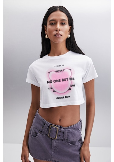 MORAN Kadın %100 Pamuk Beyaz - Pembe baskılı T-Shirt