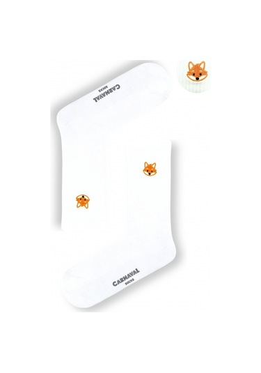 Nakışlı Tilki Desenli Beyaz Çorap Beyaz