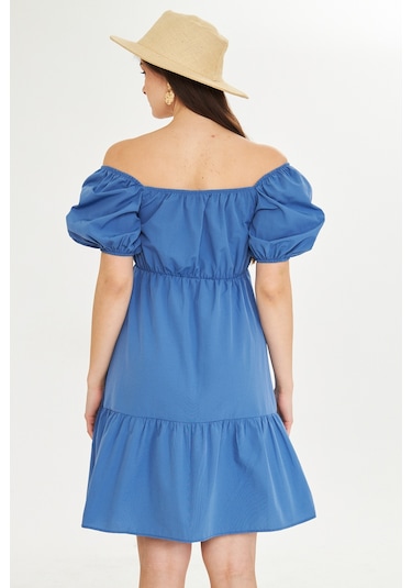 Kutaf Beli Lastikli Buzgulu Poplin Elbise Orta Mavi