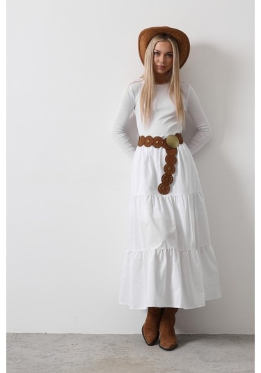 Pamuklu Beli Lastikli Etek - Beyaz Beyaz