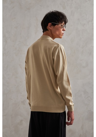 Erkek Yarım Balıkçı Oversize Basıc Triko Kazak Krem