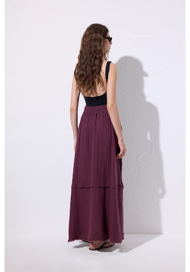 Müslin Katlı Geniş Etek Mürdüm Mürdüm