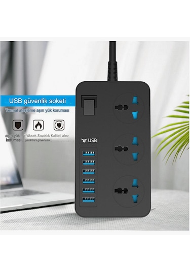 3000w 3 Ac Çıkışları Ve 6 Usb Şarj Portu Akım Korumalı Grup Priz