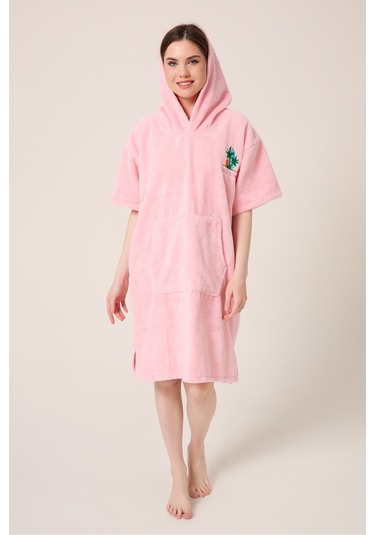 Palmiye Sörf Nakışlı Yetişkin Sörf Yazlık Panço Kapüşonlu Plaj Havlusu Pudra Pudra