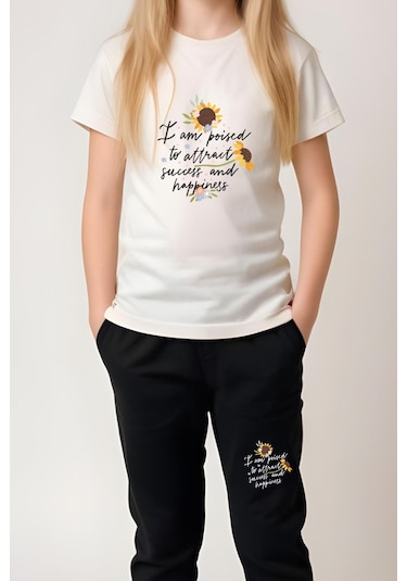 I Am Poised Baskılı Kız Çocuk Tişört Ve Eşofman Alt-üst Takım KREM