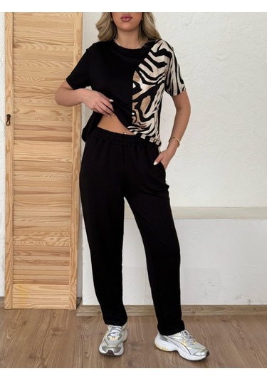 Ahes Shopping Kadın Bisiklet Yaka Kısa Kol Leopar Desen Bluz Ve Pantolon Ikili Takım Siyah