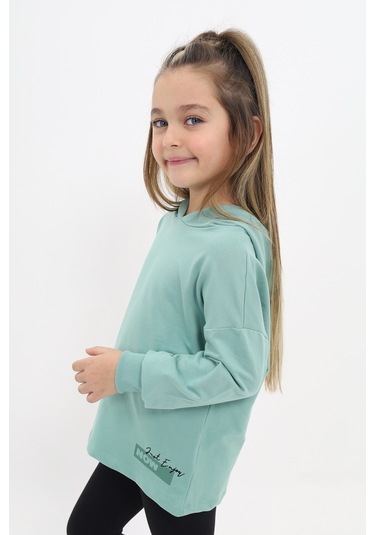 Toontoy Kız Çocuk Relax Fit Kapüşonlu Düşük Omuz Baskılı Sweatshirt - 2 İplik Yeşil