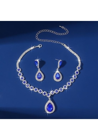 Beyaz 2 Adet/takım Kadınlar Düğün Takısı Seti Su Damlası Şekli Parlayan Sahte Kristal Gerdanlık Kolye Dangle Küpe Seti Beyaz