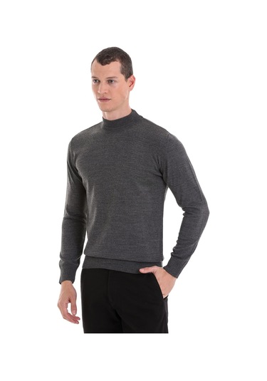 Hatemoğlu Gri Regular Fit Düz Yarım Balıkçı Yaka Yünlü Triko Kazak Gri