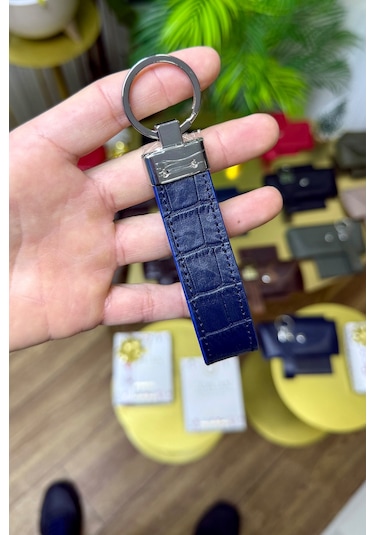 Lacivert Croco Hakiki Deri Premium Anahtarlık Kişiye Özel İsim Baskılı