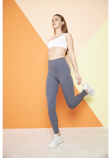 Haki Yüksek Bel Fitilli Toparlayıcı İnterlok Örme Şardonlu Spor Kışlık Tayt Antrasit