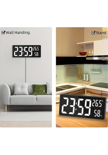 Lemestar Büyük Ekranlı Led Dijital Saat, Oda Sıcaklığı Gösteren, Çok Fonksiyonlu Duvar Saati - Beyaz Rakamlar Beyaz - Siyah