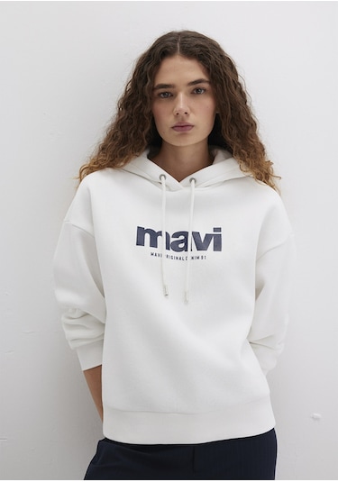 Mavi - Mavi Logo Baskılı Kapüşonlu Ekru Sweatshirt 168334-81964 Beyaz
