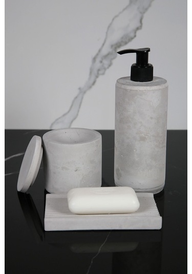 Betonmall 8 Parça Beton Banyo Seti Katı Sıvı Sabunluk Diş Fırçalık Mumluk Tütsülük Tepsi Sunumluk Pamuk Kutusu - Beton Gri Beton Gri