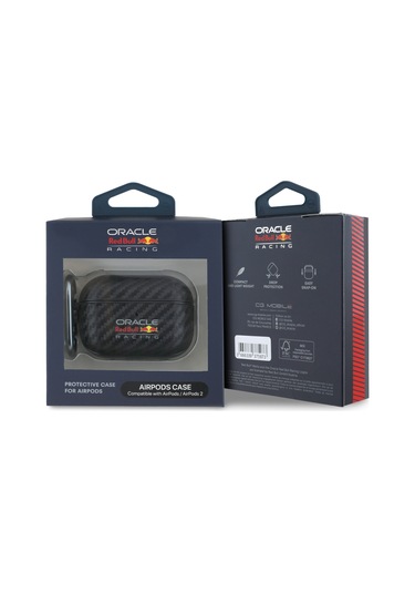 Airpods Uyumlu Pro 2 Kılıf Redbull Lisanslı Pu Karbon Fiber Tasarımlı Askı Aparatlı Kapak Siyah