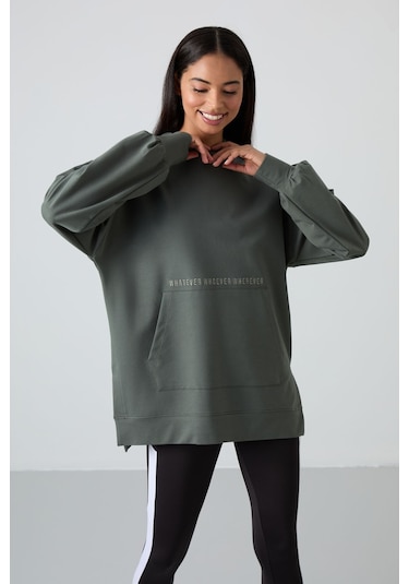 Tommy Life Çağla Balon Kol Yazı Nakışlı Kadın Oversize Tunik Sweatshirt - 97163 Çağla
