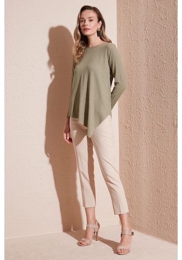 Lela Bisiklet Yaka Esnek Dokulu Asimetrik Bayan Bluz 5864971 Olive