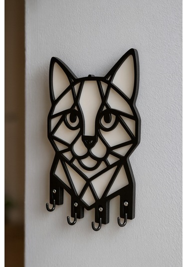Kedi Figürlü Duvar Tipi Dekoratif Anahtarlık Askılığı Siyah - Beyaz