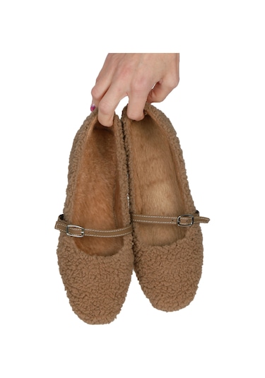 Kadın Şık Peluş Ev Ayakkabısı Babet Panduf - Vizon