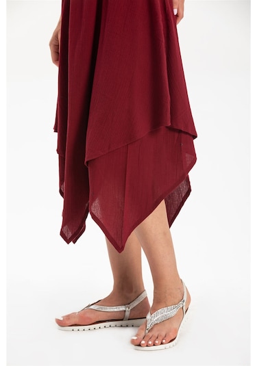 Kolsuz Şile Bezi Üçgen Katlı Midi Boy Elbise Bordo Brd Bordo