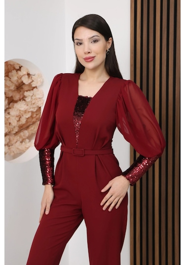 Lodmela Nursel Ergin Payet Detaylı Abiye Tulum 6056-bordo