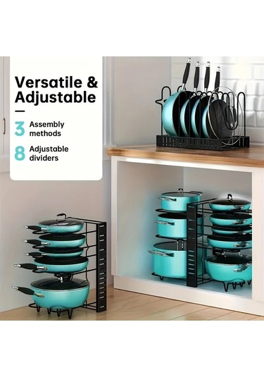 Honeybeeshop Siyah- Çok Yönlü Mutfak Düzenleyici Kapaklı Ayarlanabilir Tencere Tava Rafı Ev Restoran Kullanım Demir Depolama Rafı Siyah-