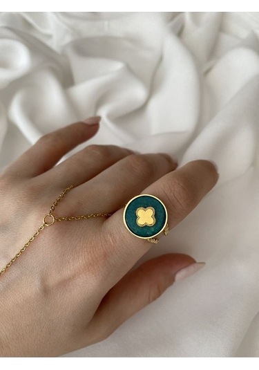 Vintage Gold Yonca Detaylı Yeşil Kararmaz Ayarlanabilir Çelik Yüz Altın