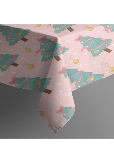 Noel Desenli Dikdörtgen Masa Örtüsü 60x84 İnç, Su Geçirmez Ve Leke Tutmaz Noel Ağacı Kurdele