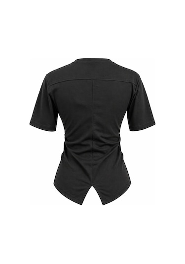 Mixray 2095 Kadın Büzgü Detaylı Arkası Yırtmaçlı Basic T-shirt Siyah