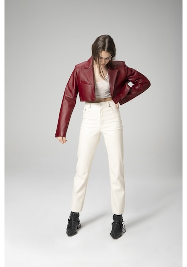 Dericlub Jasmine Kadın Crop Blazer Hakiki Deri Ceket A.bordo Null Bordo